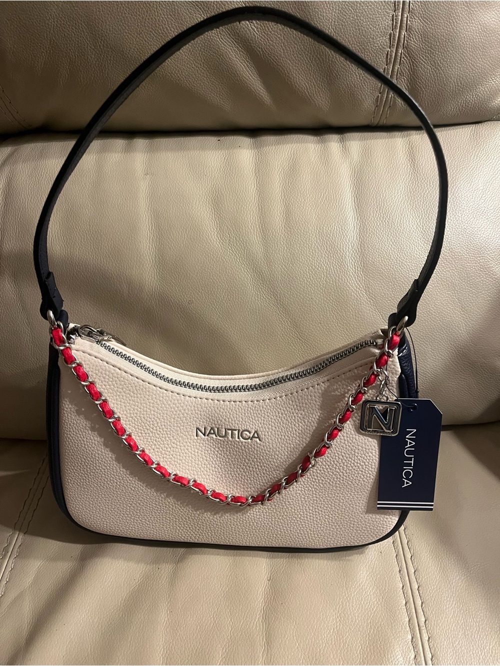 Nautica Cream Shoulder Bag with Pink Chain and Navy Trim